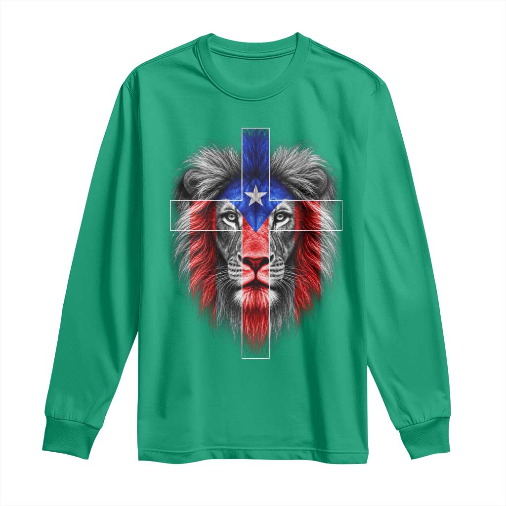 Lion of Judah Cross Puerto Rico Flag Long Sleeve Shirt Christian Faith Puerto Rican Pride