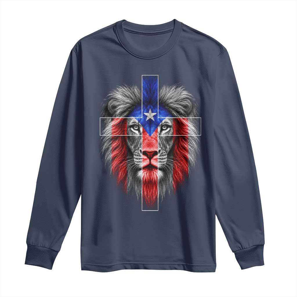 Lion of Judah Cross Puerto Rico Flag Long Sleeve Shirt Christian Faith Puerto Rican Pride