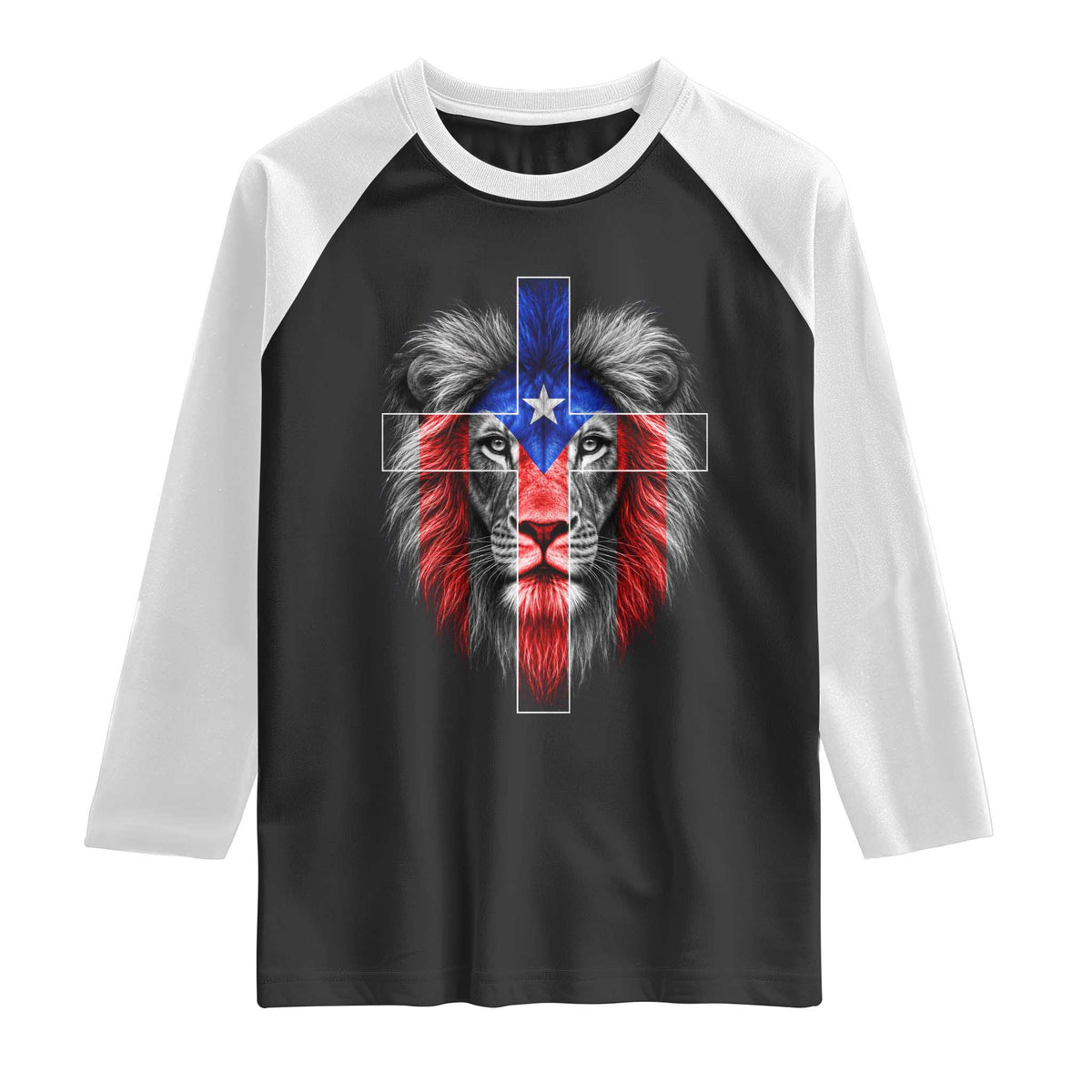 Lion of Judah Cross Puerto Rico Flag Raglan Shirt Christian Faith Puerto Rican Pride