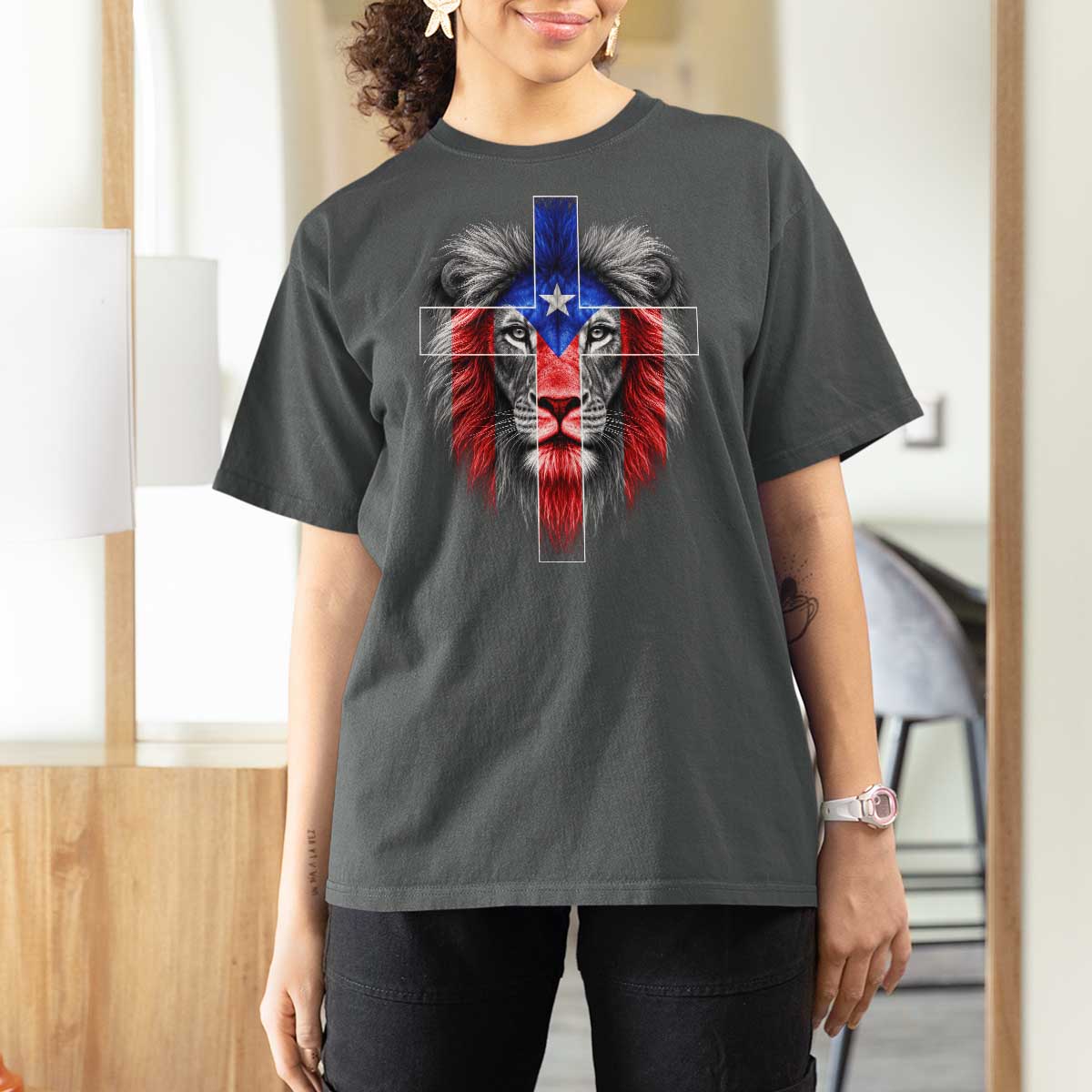 Lion of Judah Cross Puerto Rico Flag T Shirt For Women Christian Faith Puerto Rican Pride