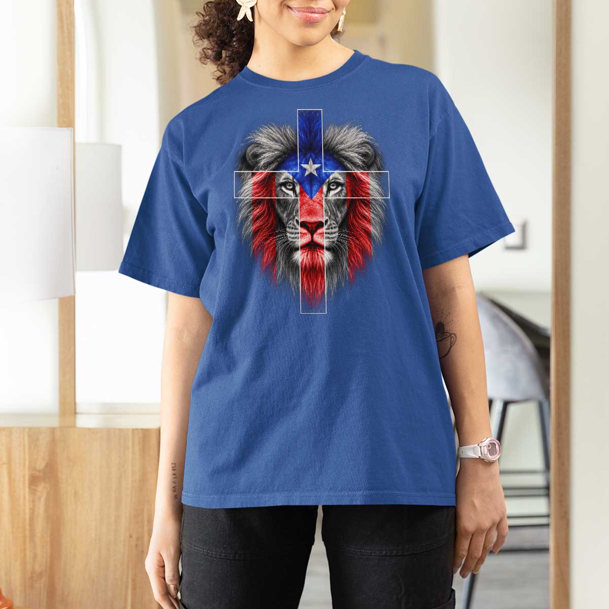 Lion of Judah Cross Puerto Rico Flag T Shirt For Women Christian Faith Puerto Rican Pride