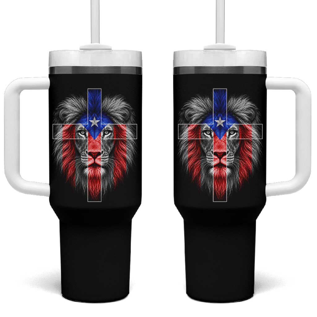 Lion of Judah Cross Puerto Rico Flag Tumbler With Handle Christian Faith Puerto Rican Pride