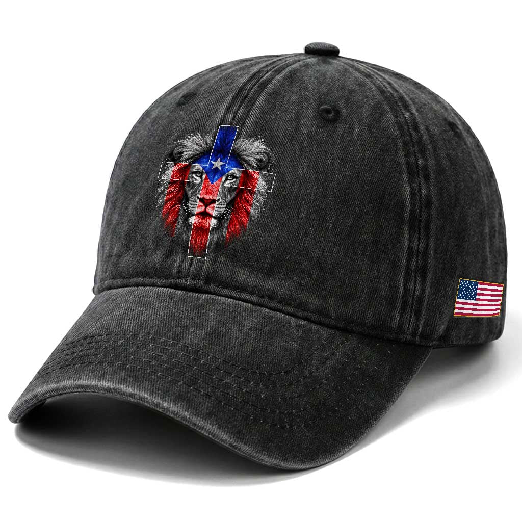 Lion of Judah Cross Puerto Rico Flag Washed Cotton Baseball Cap Christian Faith Puerto Rican Pride