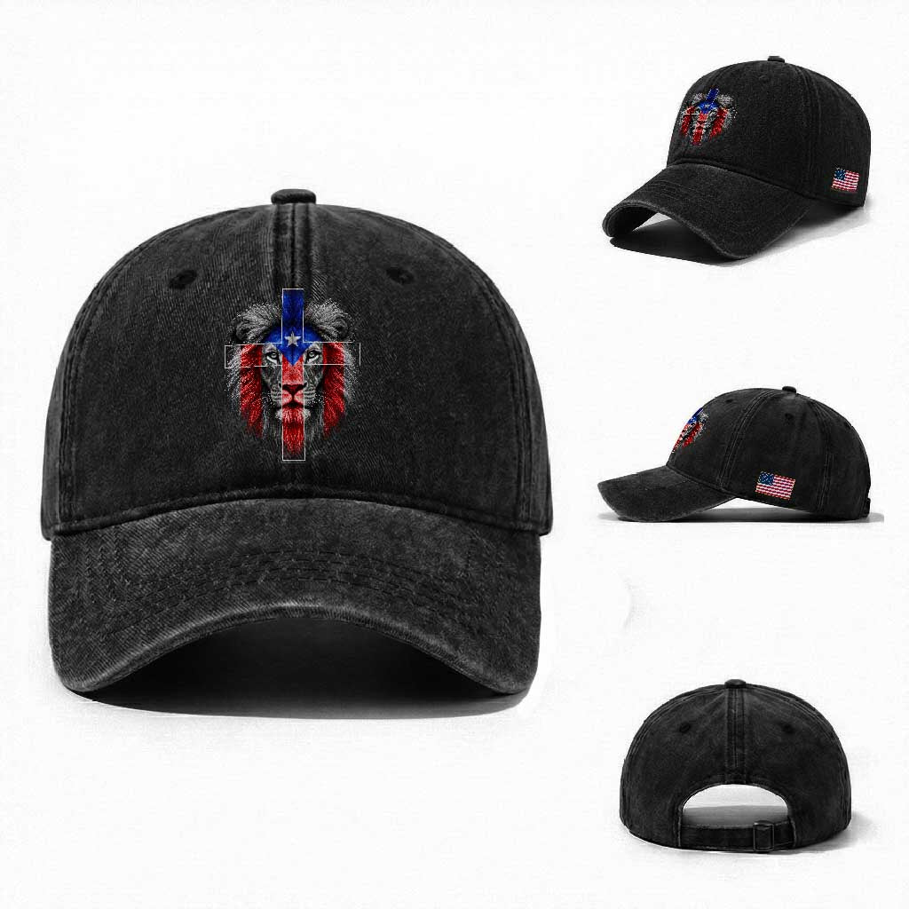Lion of Judah Cross Puerto Rico Flag Washed Cotton Baseball Cap Christian Faith Puerto Rican Pride