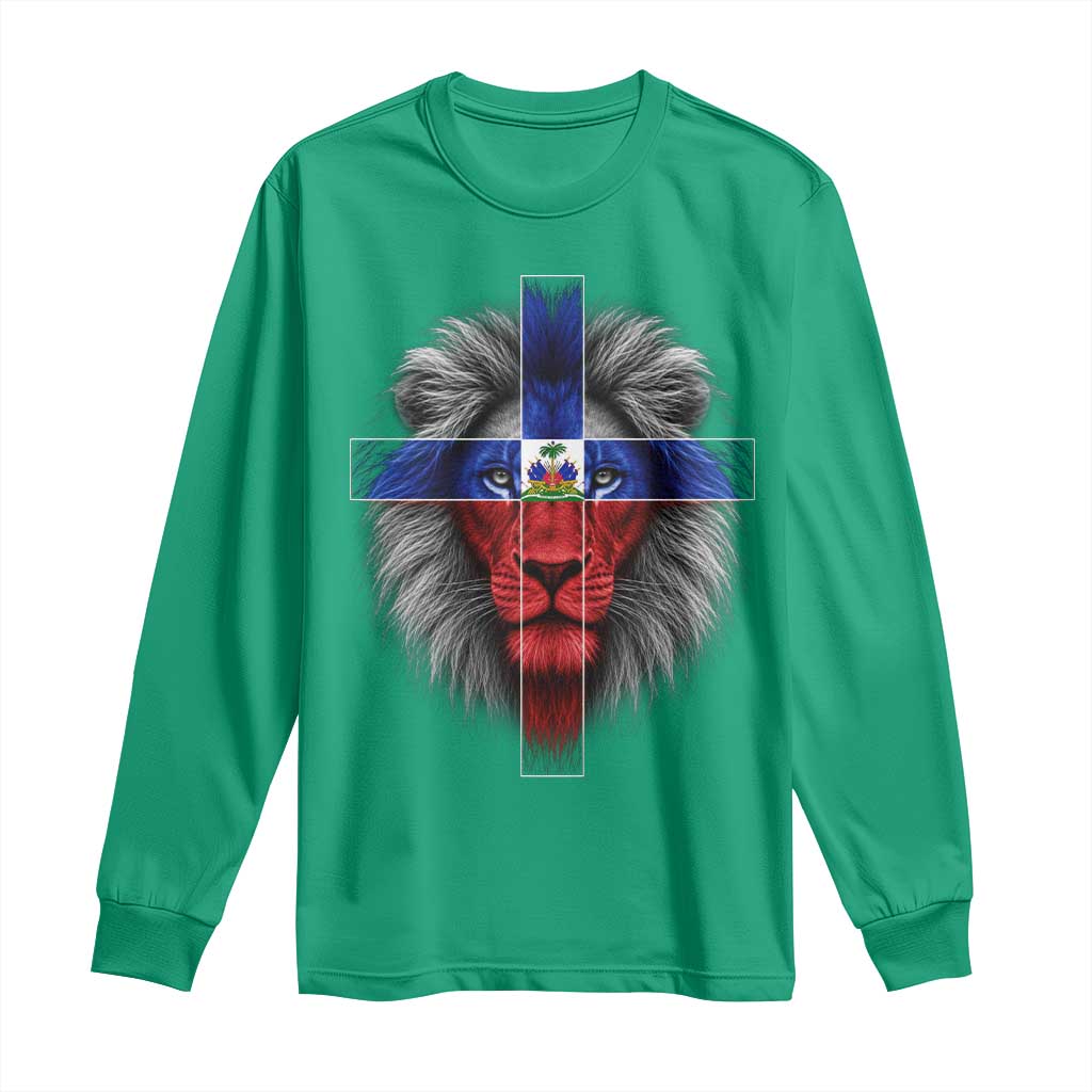 Lion of Judah Cross Haiti Flag Long Sleeve Shirt Christian Faith Haitian Pride