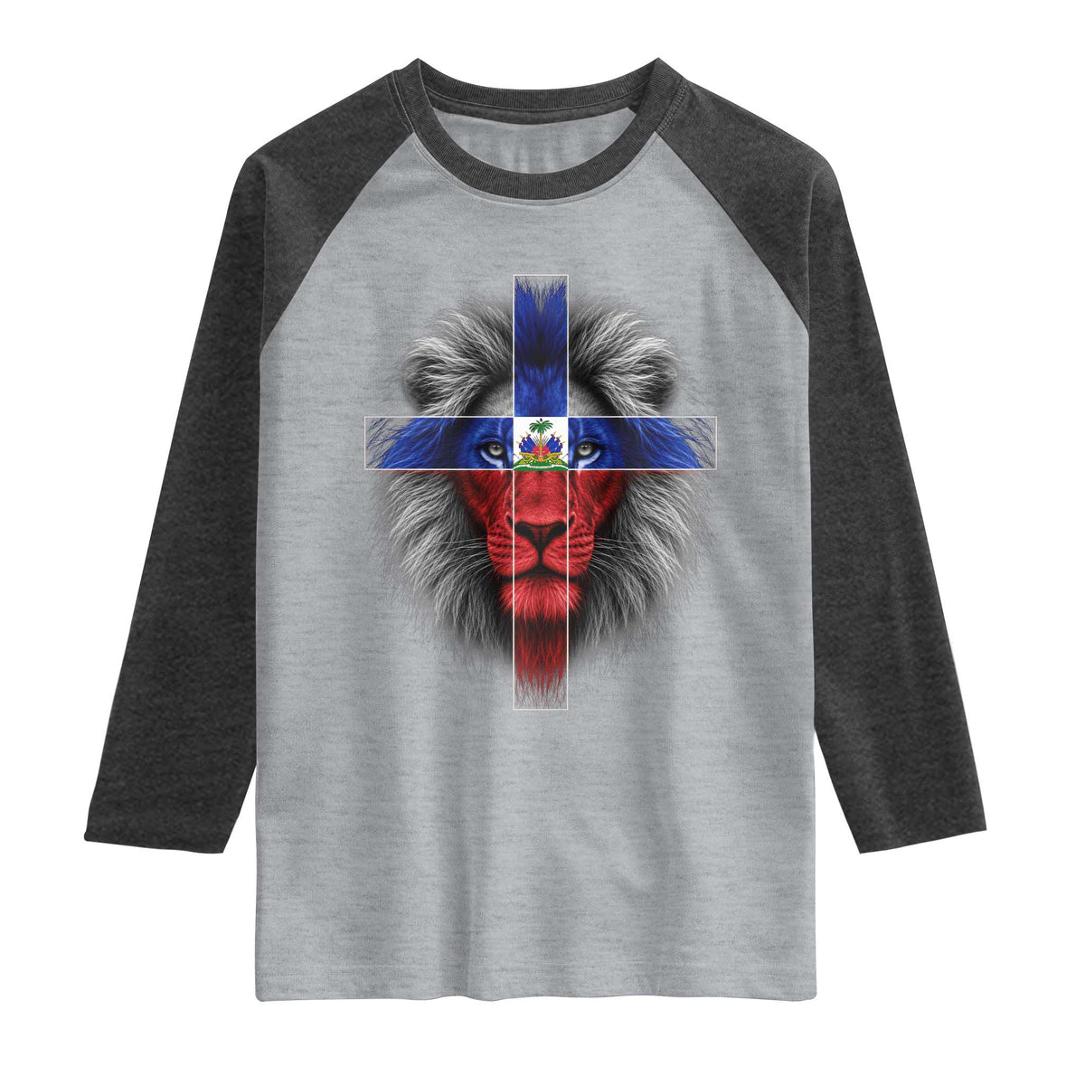 Lion of Judah Cross Haiti Flag Raglan Shirt Christian Faith Haitian Pride