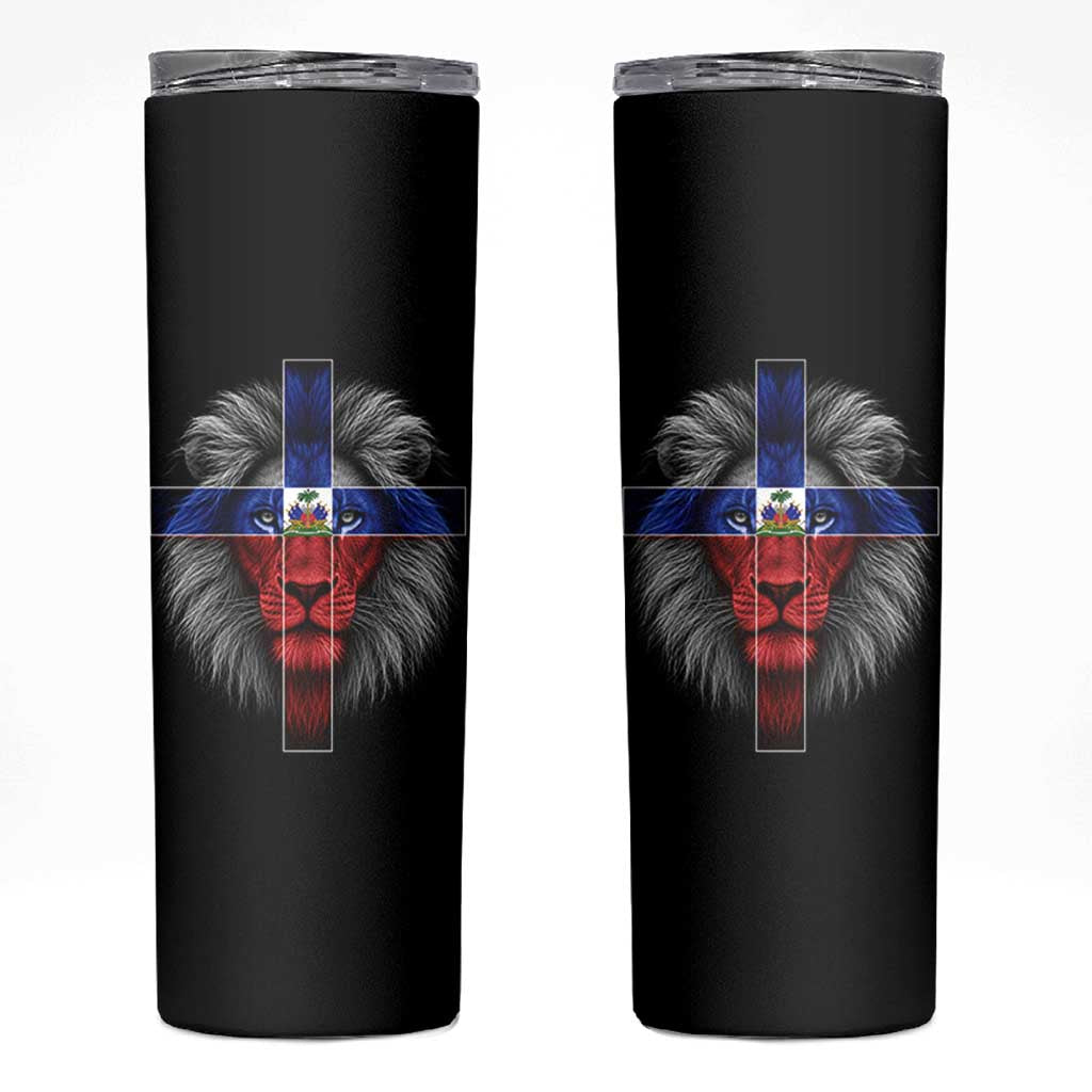 Lion of Judah Cross Haiti Flag Skinny Tumbler Christian Faith Haitian Pride