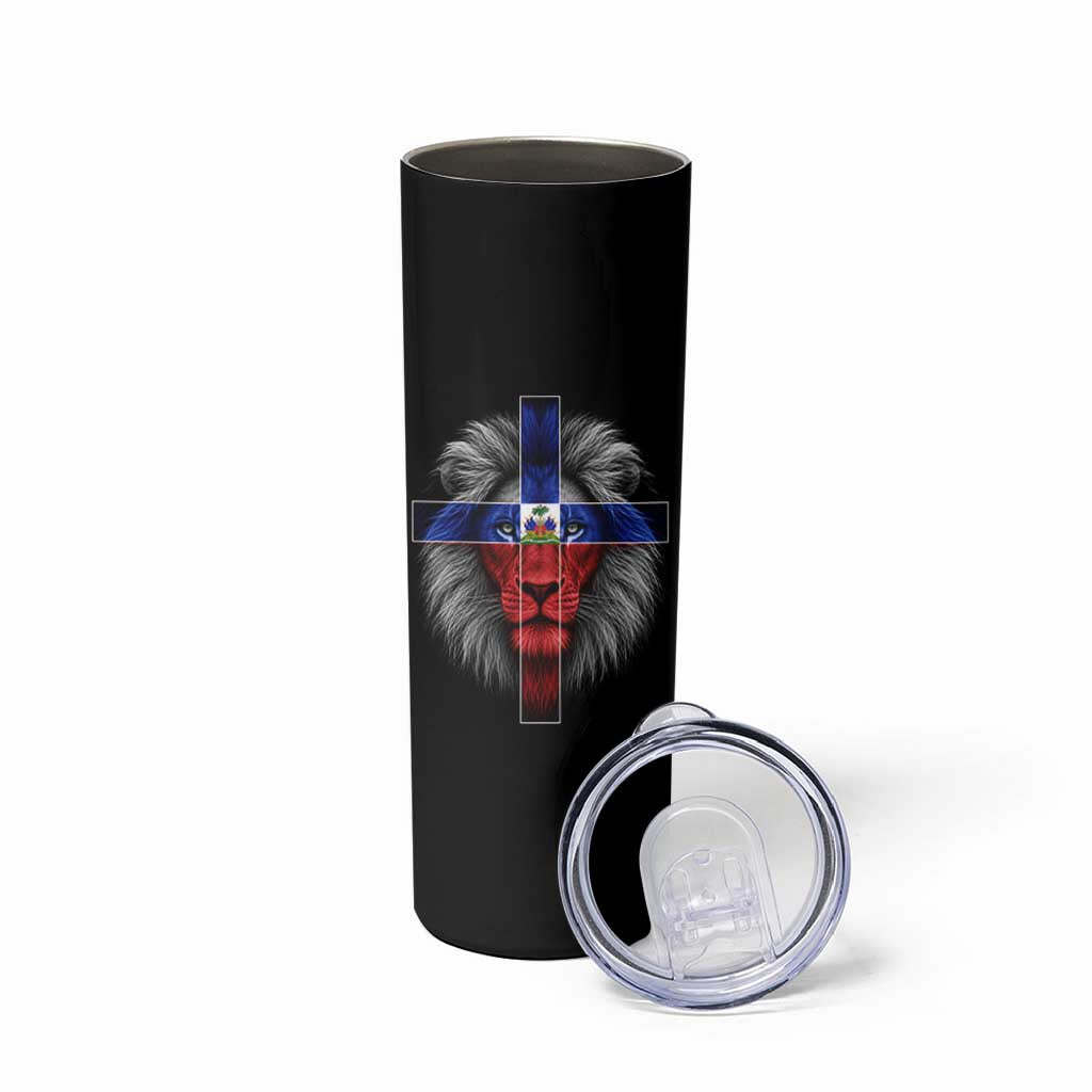 Lion of Judah Cross Haiti Flag Skinny Tumbler Christian Faith Haitian Pride