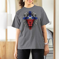 Lion of Judah Cross Haiti Flag T Shirt For Women Christian Faith Haitian Pride