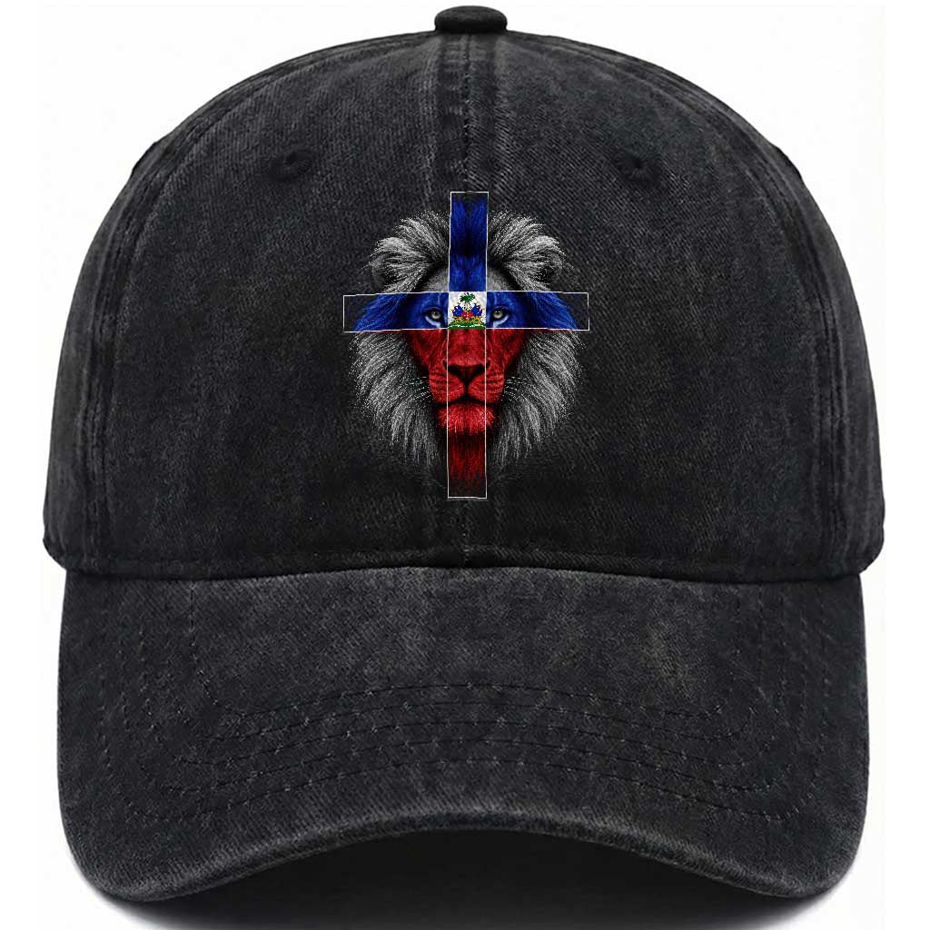 Lion of Judah Cross Haiti Flag Washed Cotton Baseball Cap Christian Faith Haitian Pride