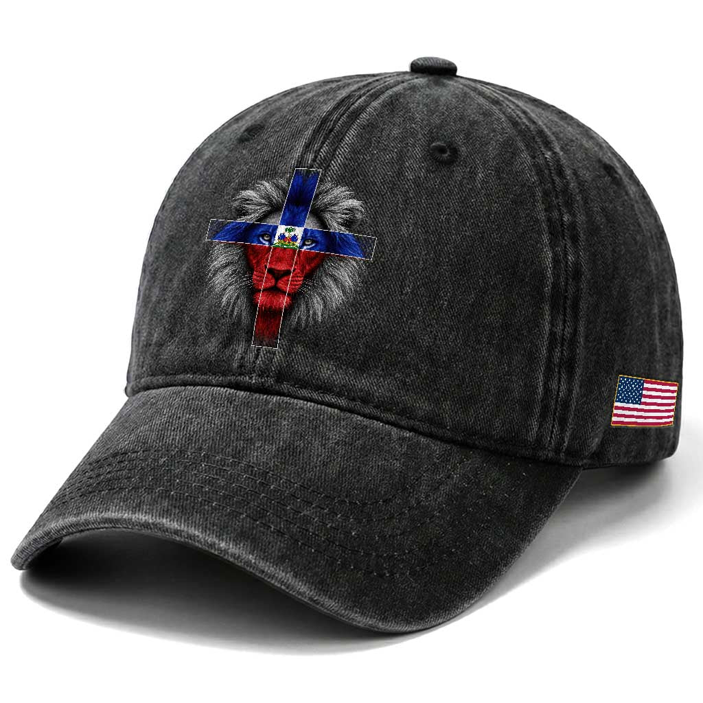 Lion of Judah Cross Haiti Flag Washed Cotton Baseball Cap Christian Faith Haitian Pride