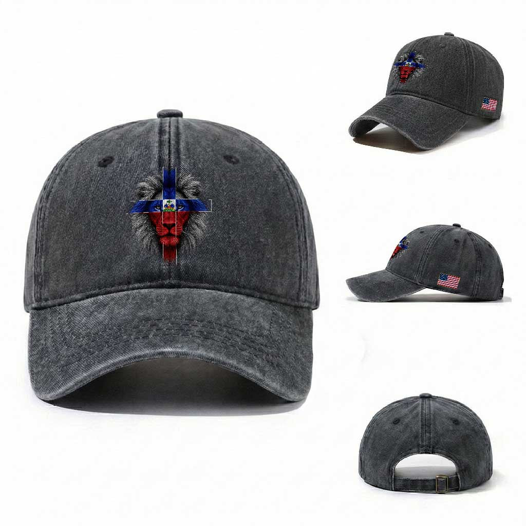 Lion of Judah Cross Haiti Flag Washed Cotton Baseball Cap Christian Faith Haitian Pride