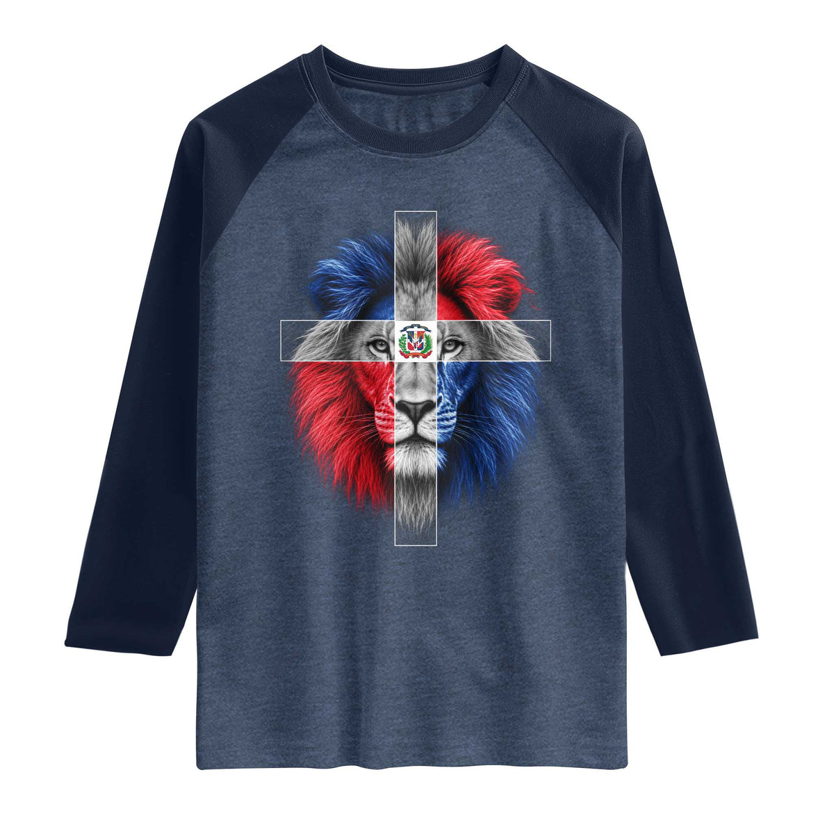 Lion of Judah Cross Dominican Republic Flag Raglan Shirt Christian Faith Dominican Pride