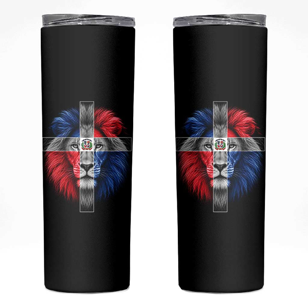 Lion of Judah Cross Dominican Republic Flag Skinny Tumbler Christian Faith Dominican Pride