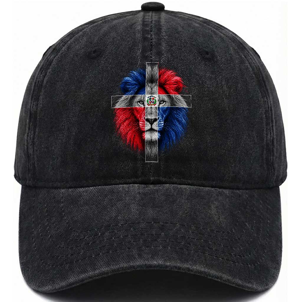 Lion of Judah Cross Dominican Republic Flag Washed Cotton Baseball Cap Christian Faith Dominican Pride