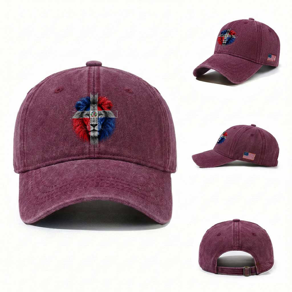 Lion of Judah Cross Dominican Republic Flag Washed Cotton Baseball Cap Christian Faith Dominican Pride