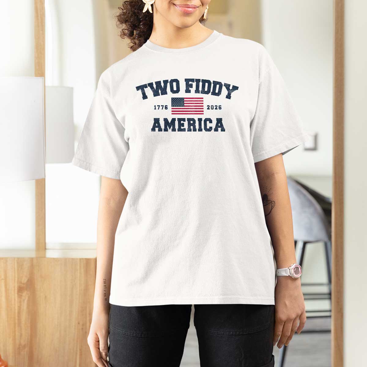 Two Fiddy USA 250th Anniversary T Shirt For Women United States Flag July 4th 2026 1776 Patriotic Humor