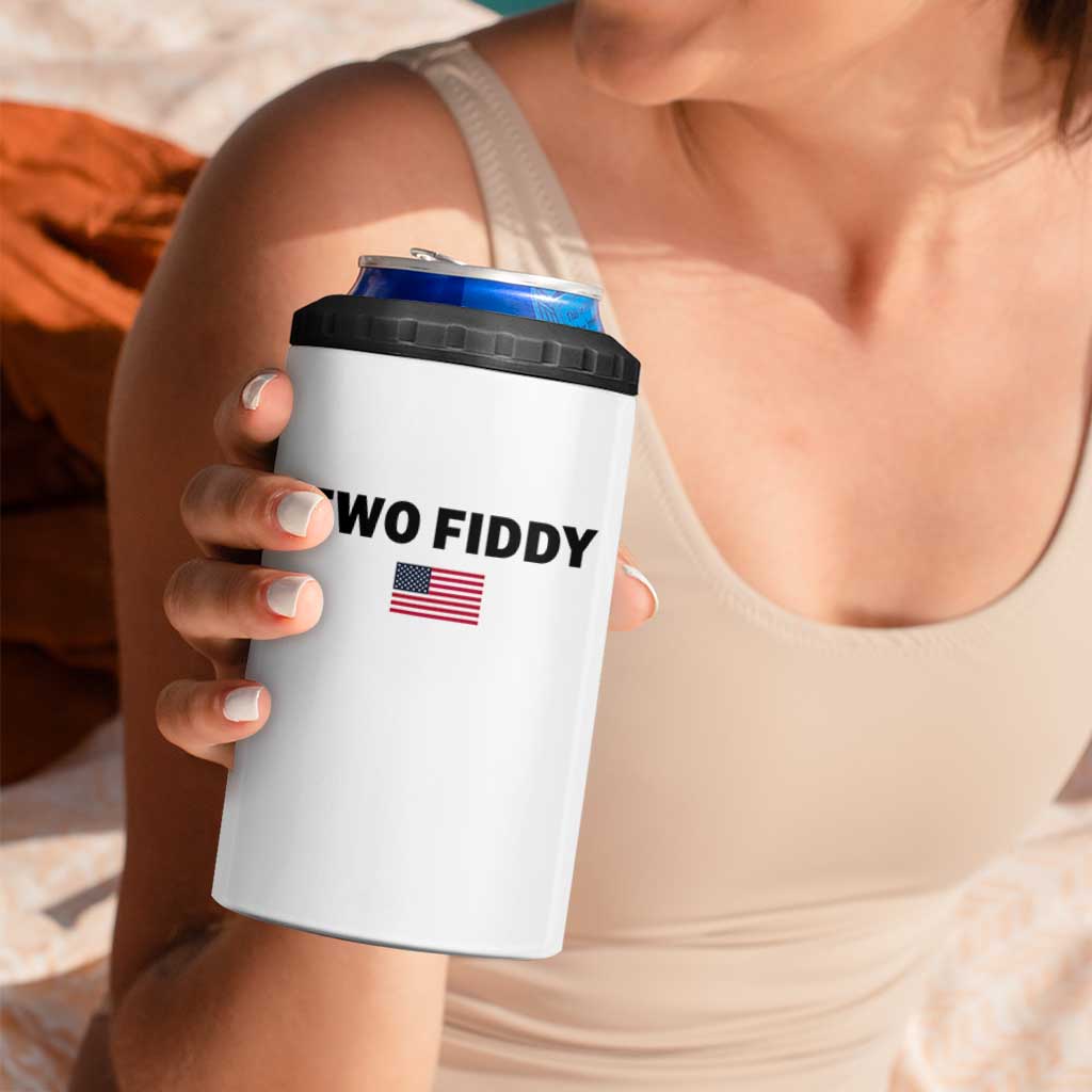 Two Fiddy American Flag 4 in 1 Can Cooler Tumbler Funny 250th America Celebration Patriotic Graphic
