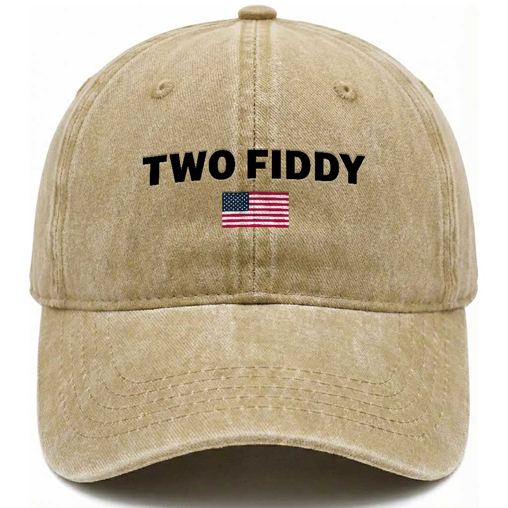 Two Fiddy American Flag Washed Cotton Baseball Cap Funny 250th America Celebration Patriotic Graphic