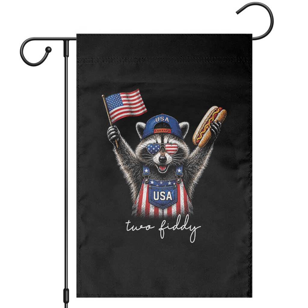 Funny Two Fiddy Raccoon Patriotic Garden Flag USA Flag Hot Dog Fourth of July USA 250th Anniversary