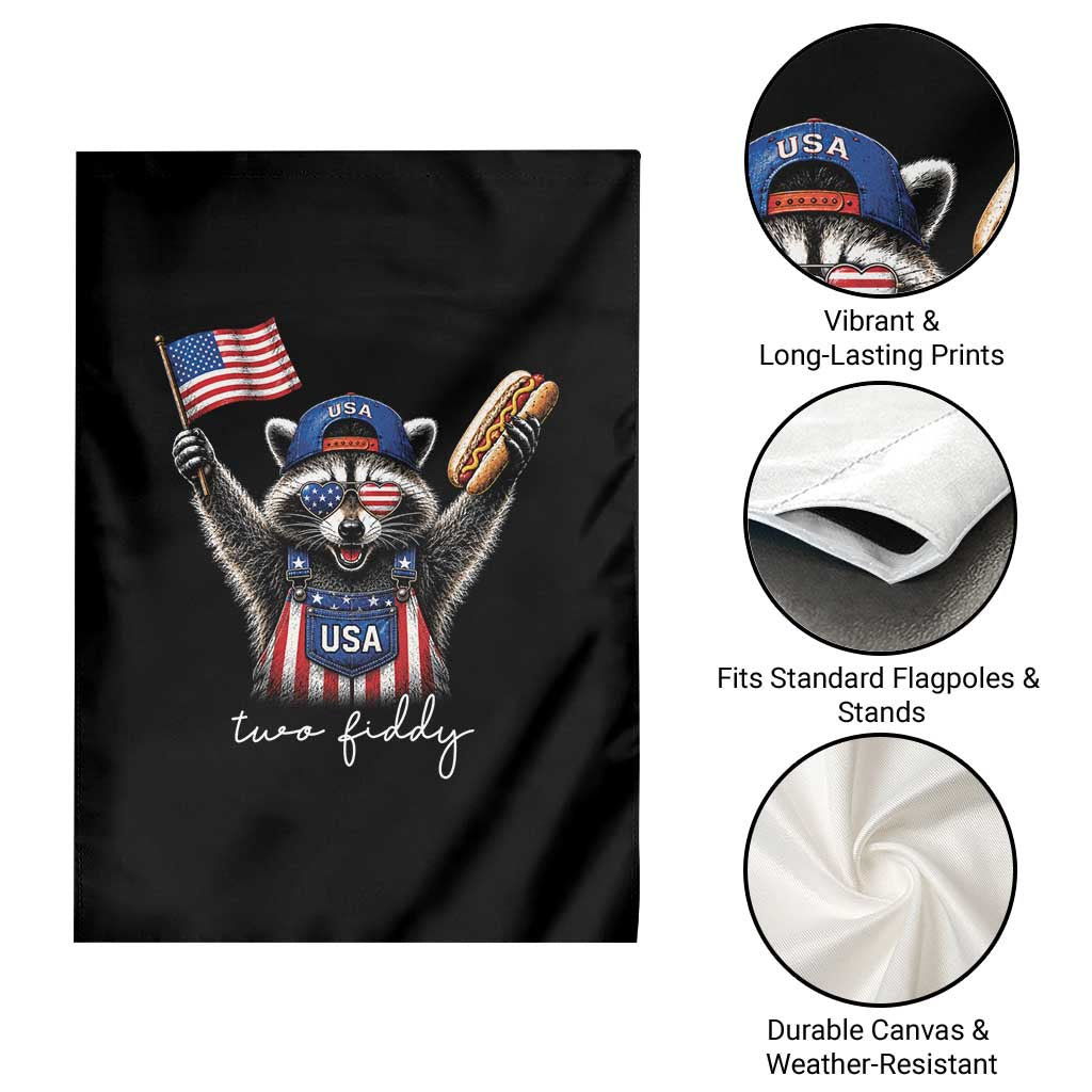 Funny Two Fiddy Raccoon Patriotic Garden Flag USA Flag Hot Dog Fourth of July USA 250th Anniversary