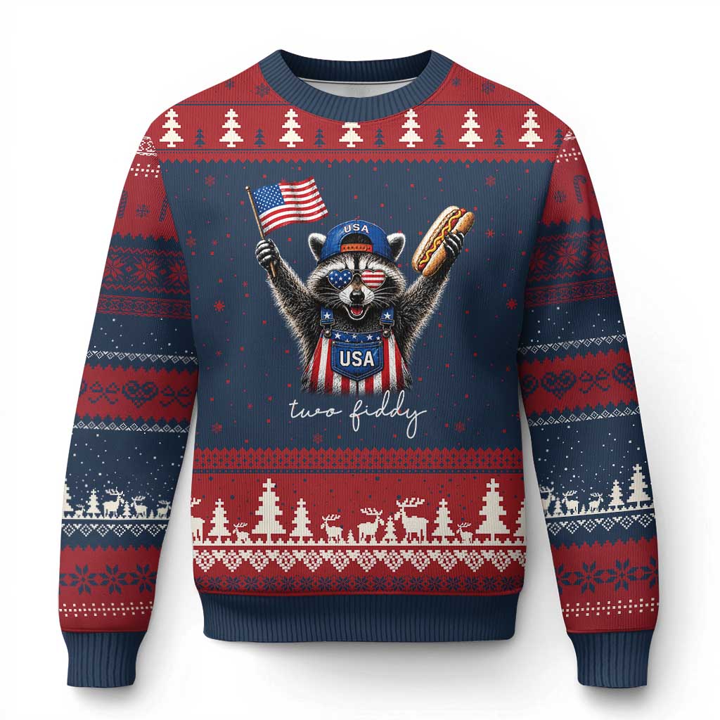 Funny Two Fiddy Raccoon Patriotic Ugly Christmas Sweater USA Flag Hot Dog Fourth of July USA 250th Anniversary