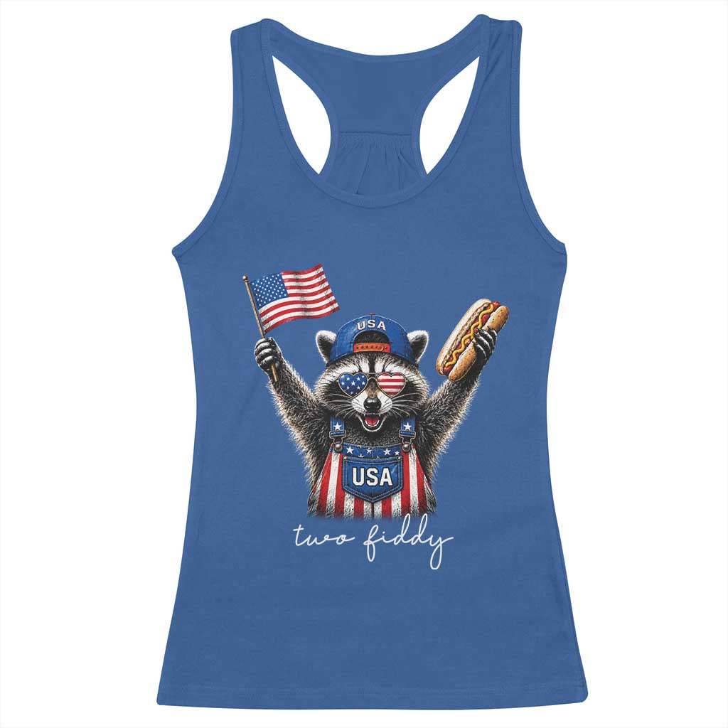 Funny Two Fiddy Raccoon Patriotic Racerback Tank Top USA Flag Hot Dog Fourth of July USA 250th Anniversary