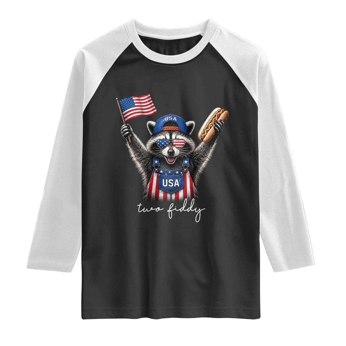 Funny Two Fiddy Raccoon Patriotic Raglan Shirt USA Flag Hot Dog Fourth of July USA 250th Anniversary