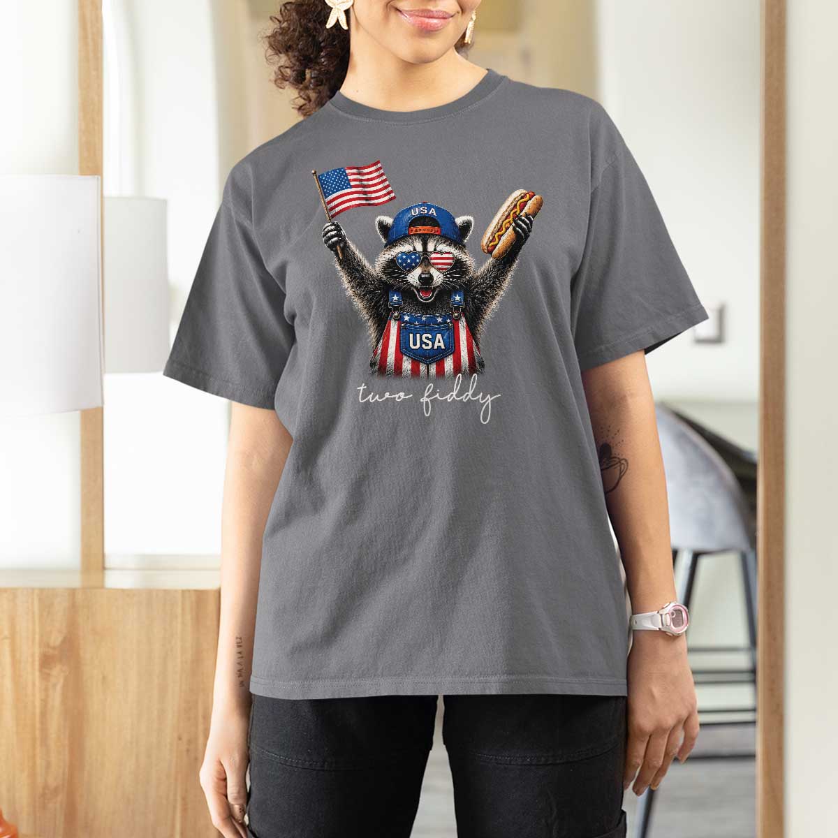 Funny Two Fiddy Raccoon Patriotic T Shirt For Women USA Flag Hot Dog Fourth of July USA 250th Anniversary