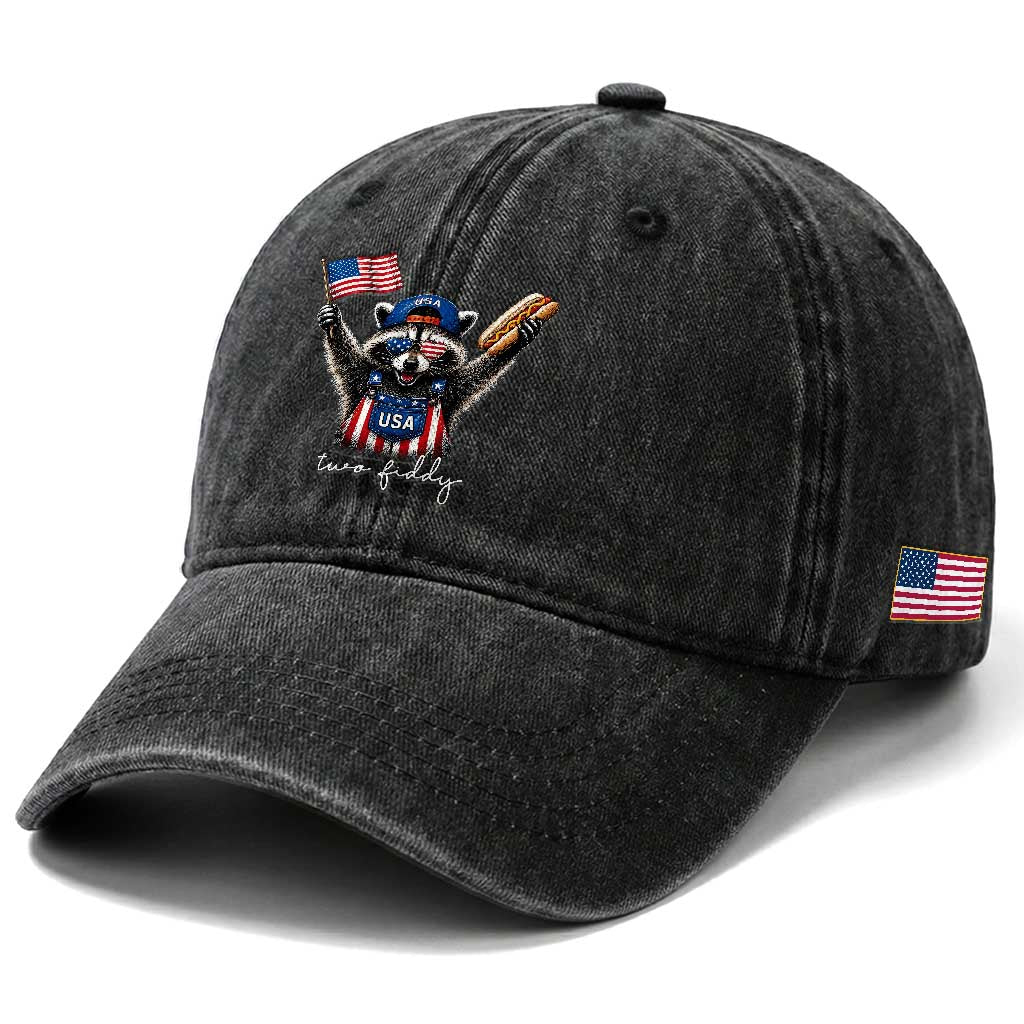 Funny Two Fiddy Raccoon Patriotic Washed Cotton Baseball Cap USA Flag Hot Dog Fourth of July USA 250th Anniversary