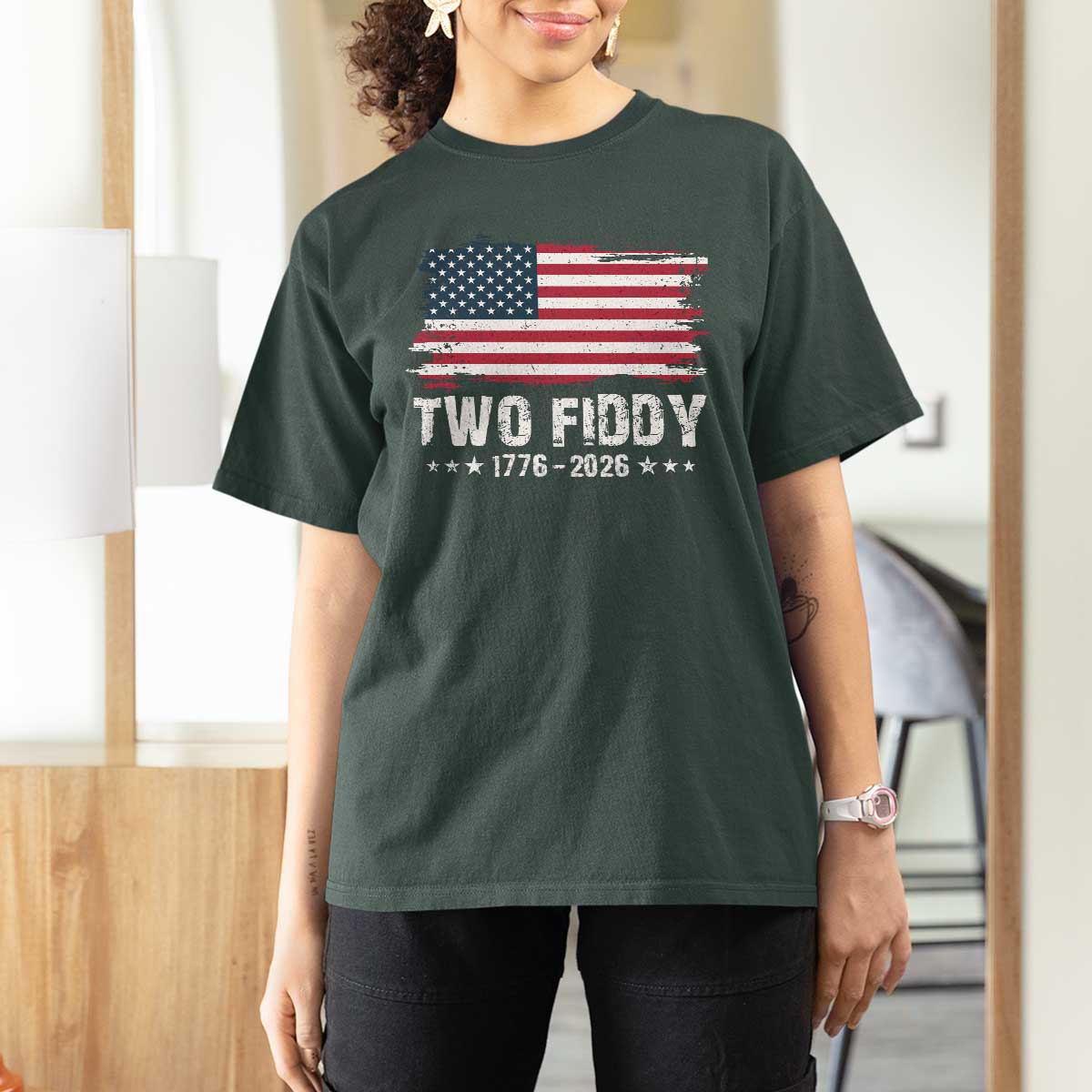 Two Fiddy USA 250th Anniversary T Shirt For Women Vintage American Flag Patriotic Humor