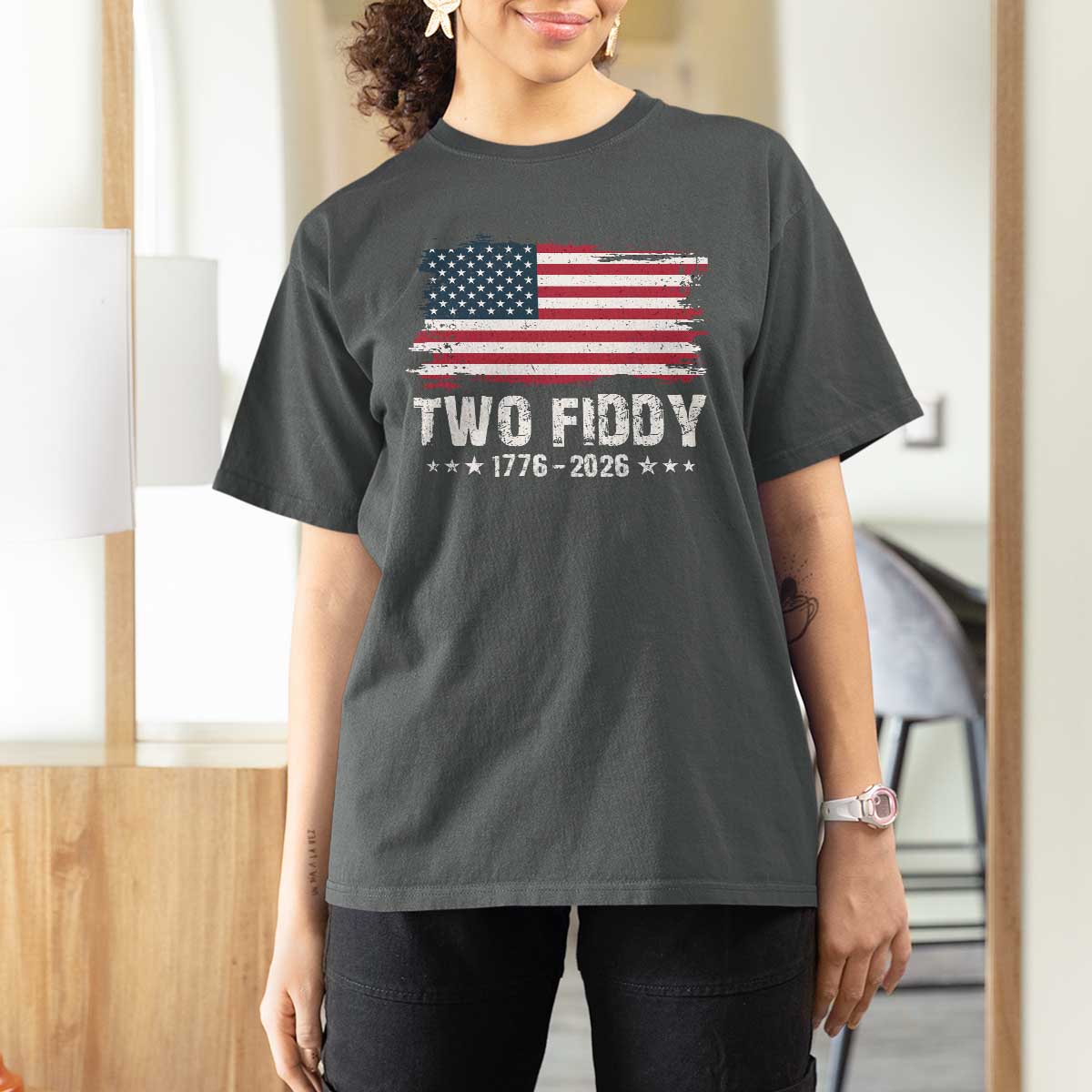 Two Fiddy USA 250th Anniversary T Shirt For Women Vintage American Flag Patriotic Humor