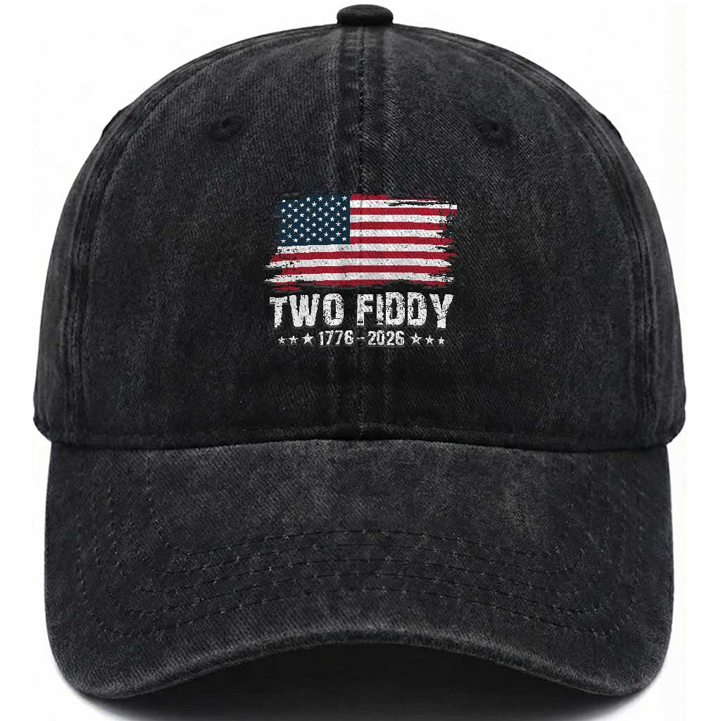 Two Fiddy USA 250th Anniversary Washed Cotton Baseball Cap Vintage American Flag Patriotic Humor