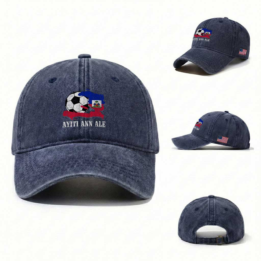 Ayiti Ann Ale Haiti Soccer Washed Cotton Baseball Cap Haitian Football Fan Pride Flag Graphic Caribbean Sports