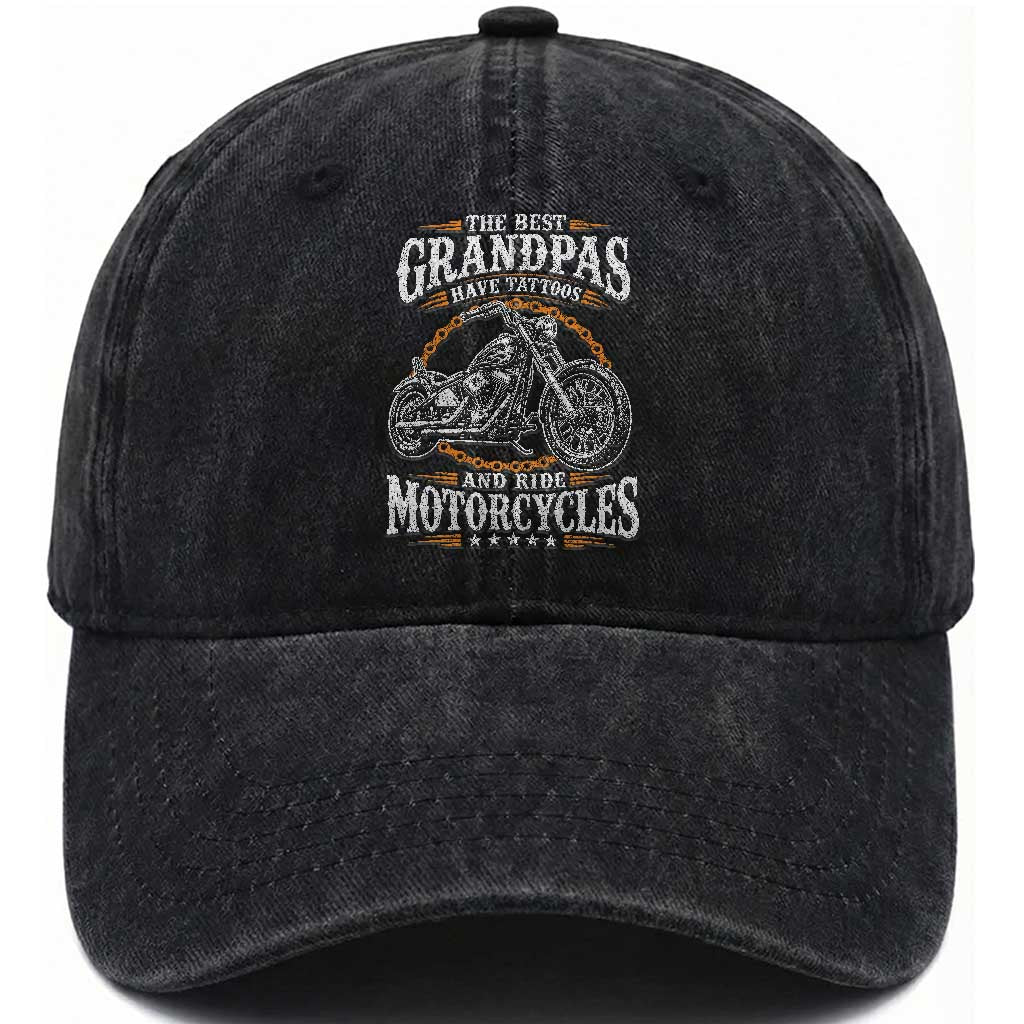 Biker Grandpa Best Grandpas Have Tattoos and Ride Motorcycles Washed Cotton Baseball Cap