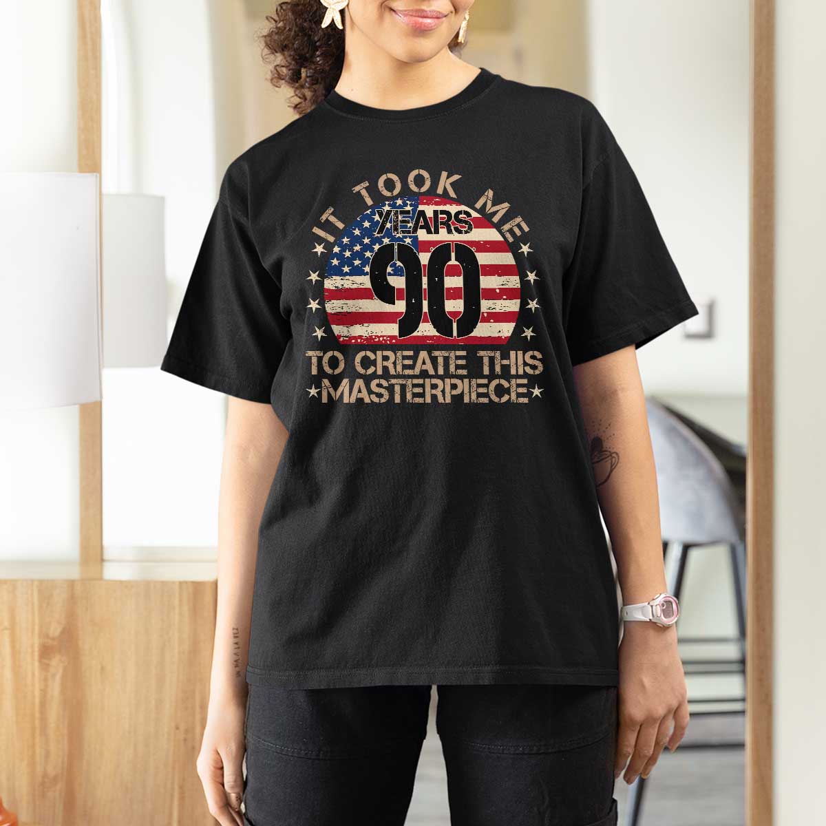 90th Birthday T Shirt For Women It Took Me 90 Years To Create This Masterpiece Vintage American Flag
