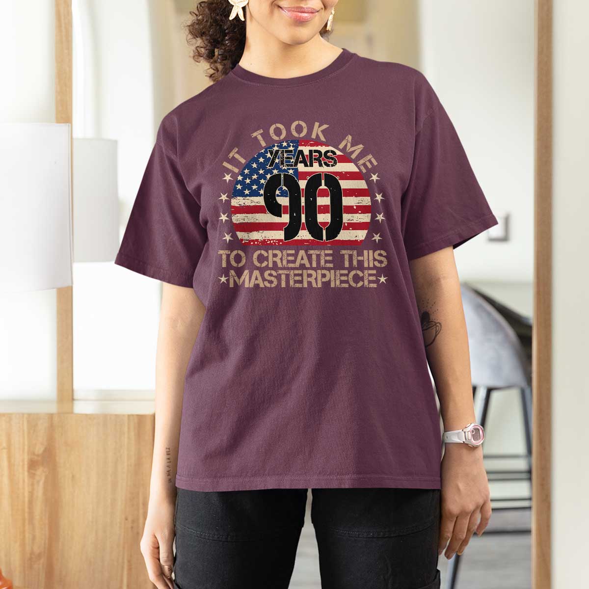 90th Birthday T Shirt For Women It Took Me 90 Years To Create This Masterpiece Vintage American Flag