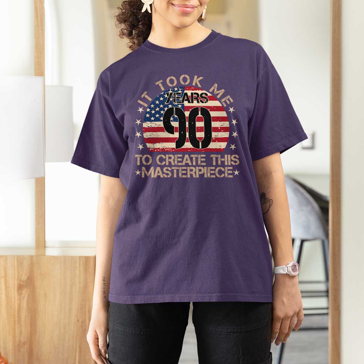 90th Birthday T Shirt For Women It Took Me 90 Years To Create This Masterpiece Vintage American Flag