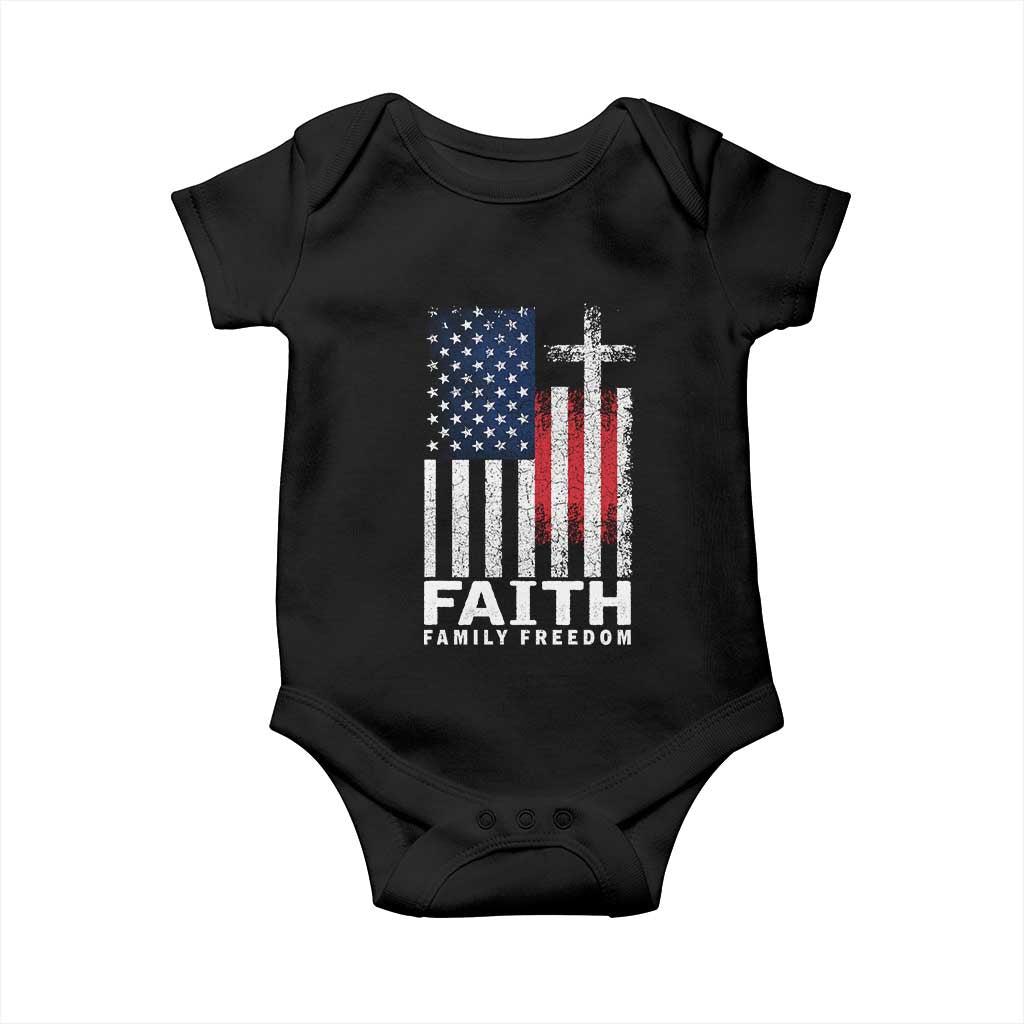Faith Family Freedom Baby Onesie Charlie Kirk Patriotic Christian Vintage USA Flag - Wonder Print Shop