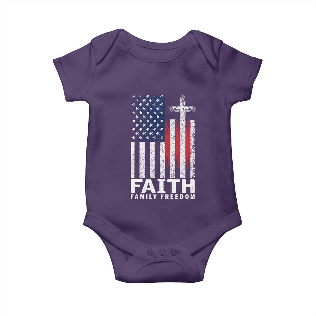 Faith Family Freedom Baby Onesie Charlie Kirk Patriotic Christian Vintage USA Flag - Wonder Print Shop