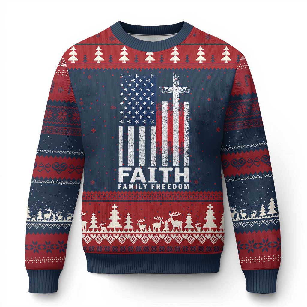 Faith Family Freedom Ugly Christmas Sweater Charlie Kirk Patriotic Christian Vintage USA Flag - Wonder Print Shop