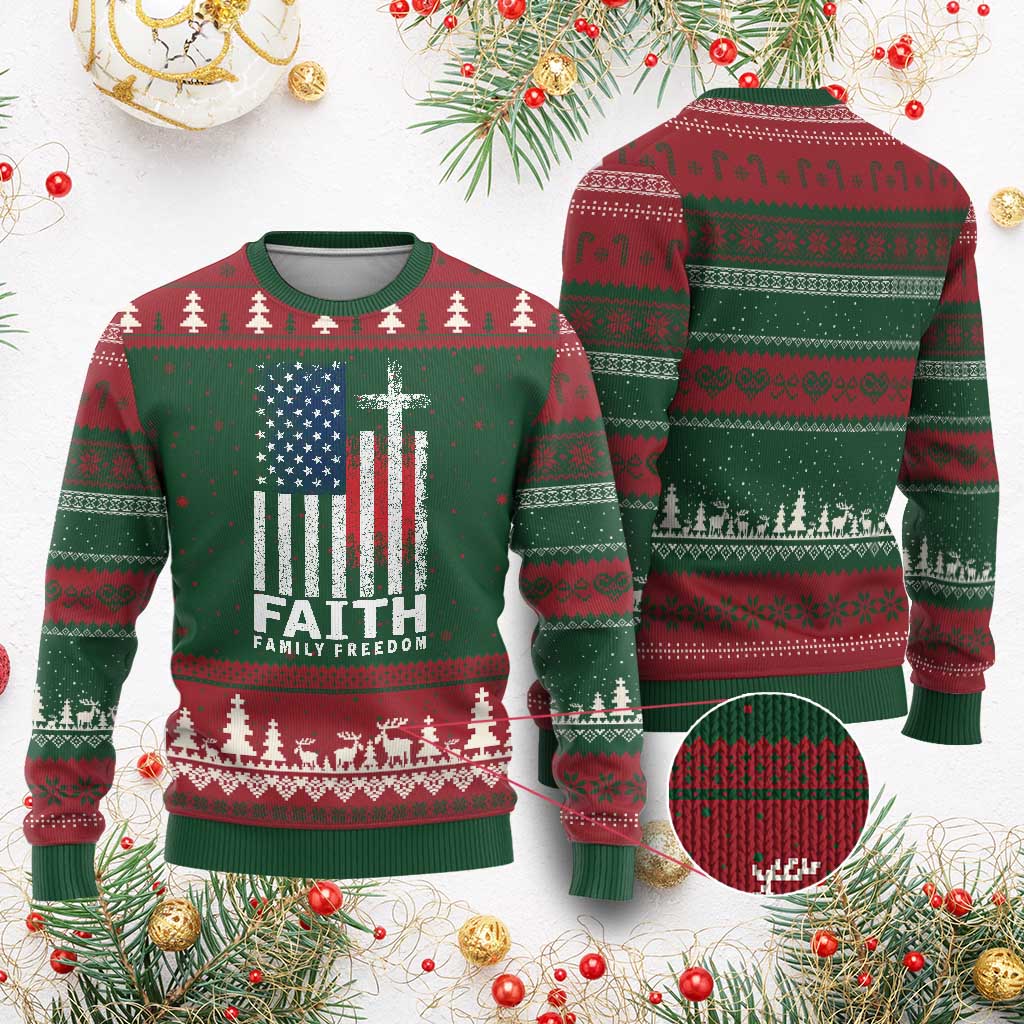 Faith Family Freedom Ugly Christmas Sweater Charlie Kirk Patriotic Christian Vintage USA Flag - Wonder Print Shop