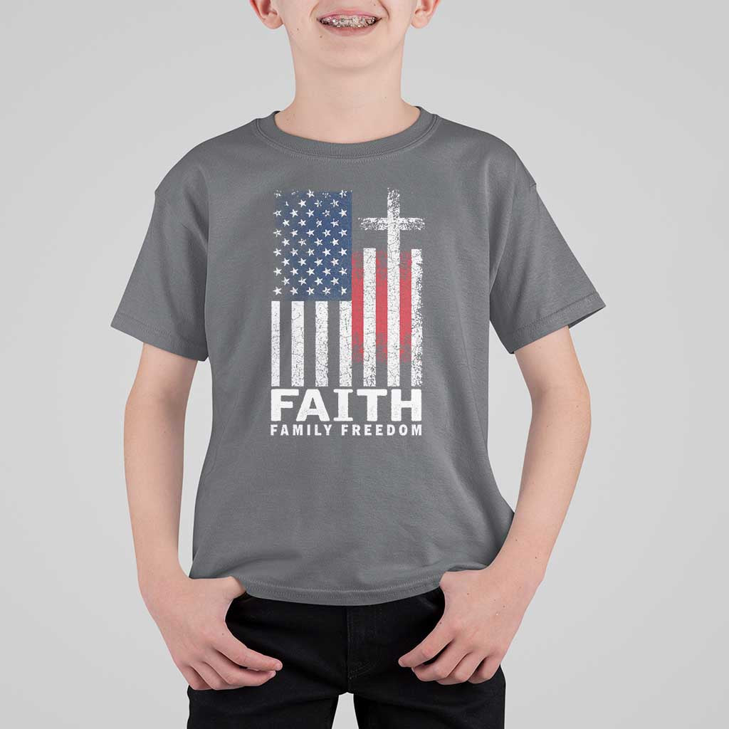 Faith Family Freedom T Shirt For Kid Charlie Kirk Patriotic Christian Vintage USA Flag - Wonder Print Shop