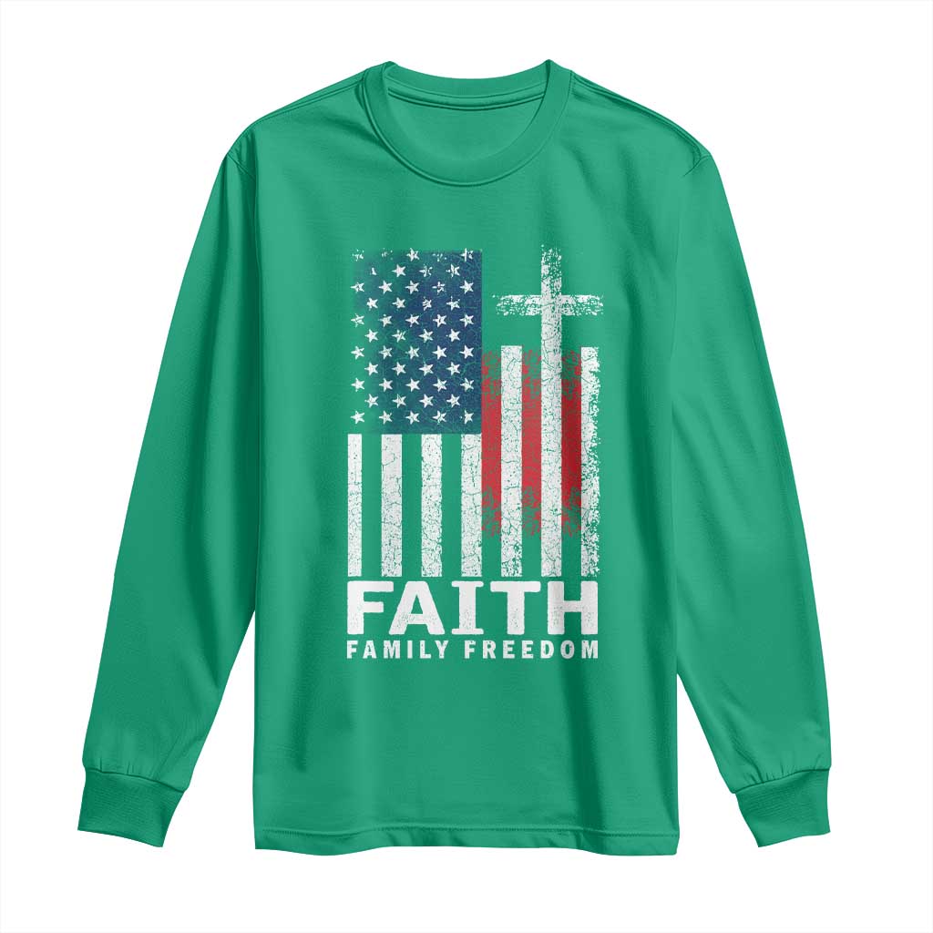 Faith Family Freedom Long Sleeve Shirt Charlie Kirk Patriotic Christian Vintage USA Flag - Wonder Print Shop