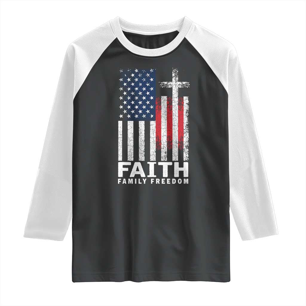 Faith Family Freedom Raglan Shirt Charlie Kirk Patriotic Christian Vintage USA Flag - Wonder Print Shop