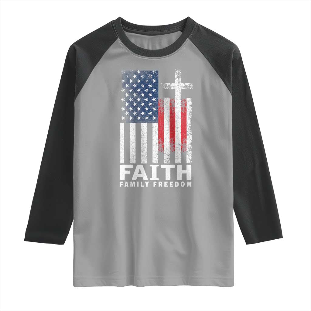 Faith Family Freedom Raglan Shirt Charlie Kirk Patriotic Christian Vintage USA Flag - Wonder Print Shop