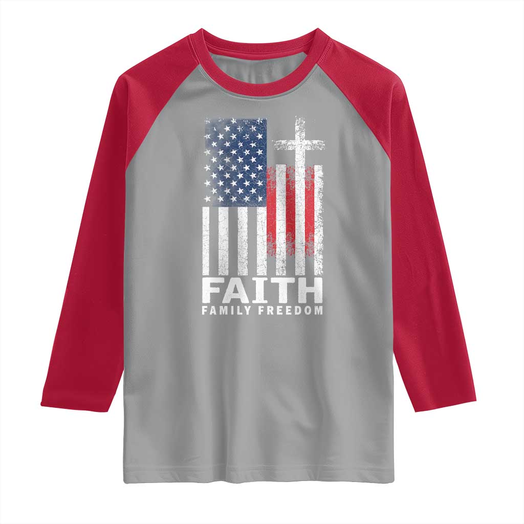 Faith Family Freedom Raglan Shirt Charlie Kirk Patriotic Christian Vintage USA Flag - Wonder Print Shop