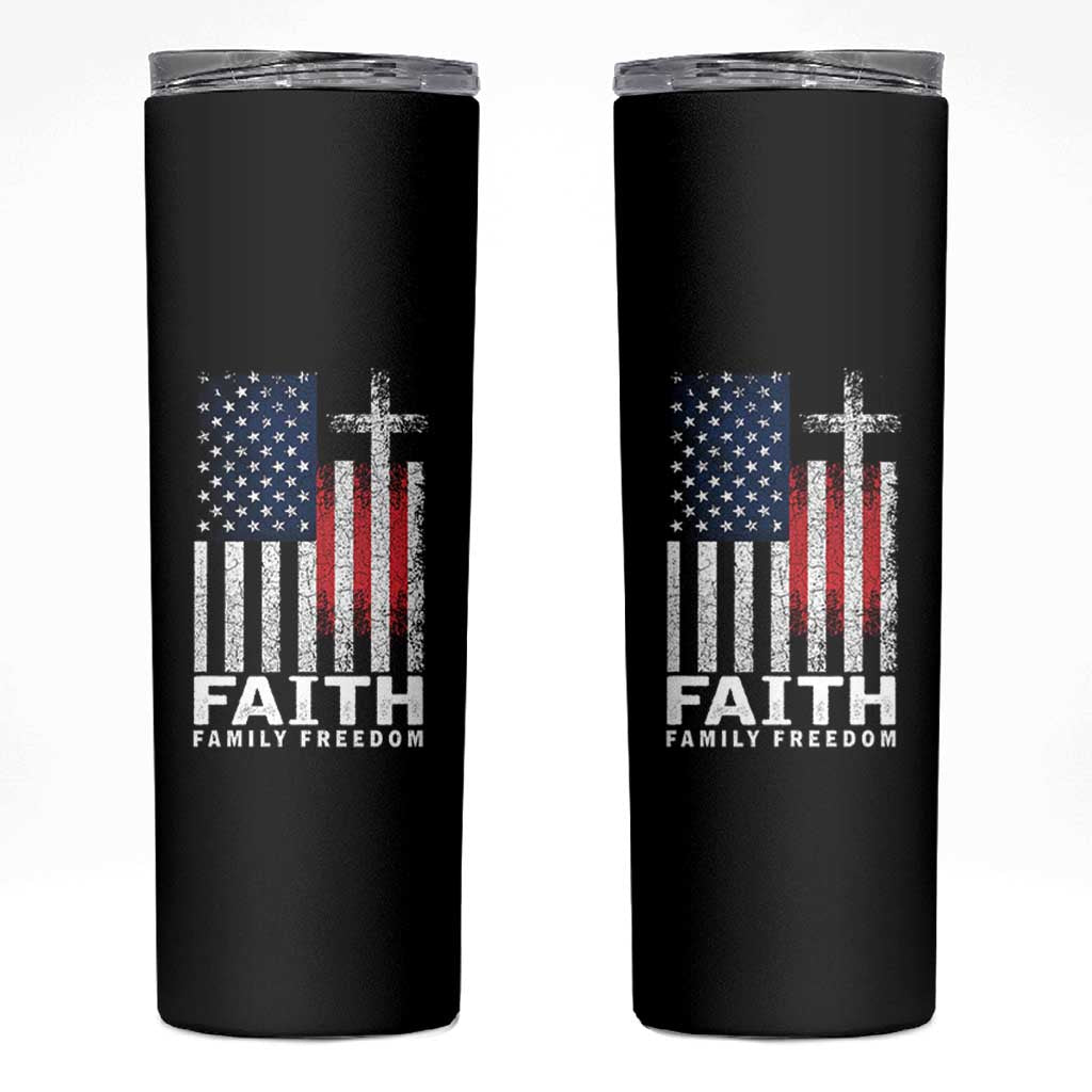 Faith Family Freedom Skinny Tumbler Charlie Kirk Patriotic Christian Vintage USA Flag - Wonder Print Shop