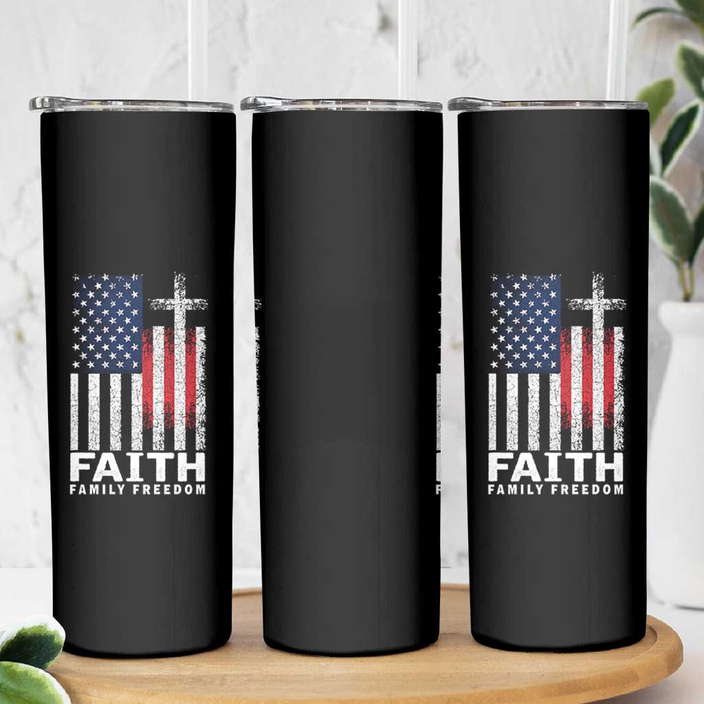 Faith Family Freedom Skinny Tumbler Charlie Kirk Patriotic Christian Vintage USA Flag - Wonder Print Shop