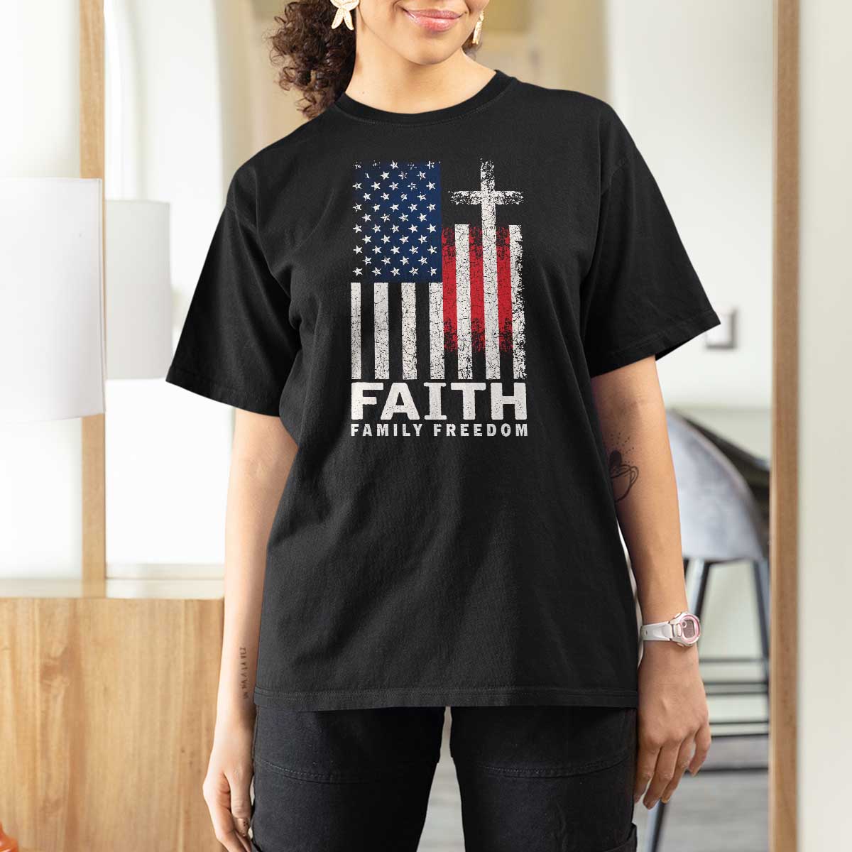 Faith Family Freedom T Shirt For Women Charlie Kirk Patriotic Christian Vintage USA Flag - Wonder Print Shop